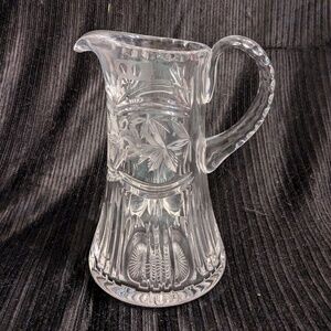 Vintage Poland Saw Tooth Cut Floral Etched Lead Crystal Glass Pour Pitcher EUC
